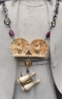 Necklace with carved bone peacocks and mini binoculars