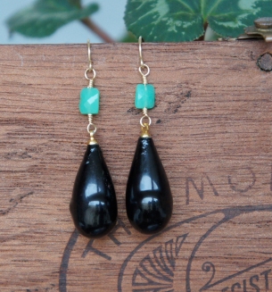 Earrings made with 1920s blown glass drops and green glass beads