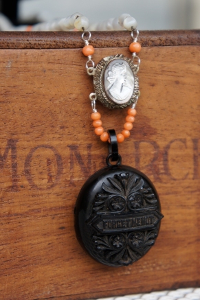 Mourning necklace with Whitby Jet locket and coral